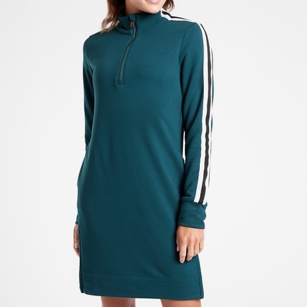 Athleta Crosstown Track Dress Small Tall Teal Quarter Zip Long Sleeve